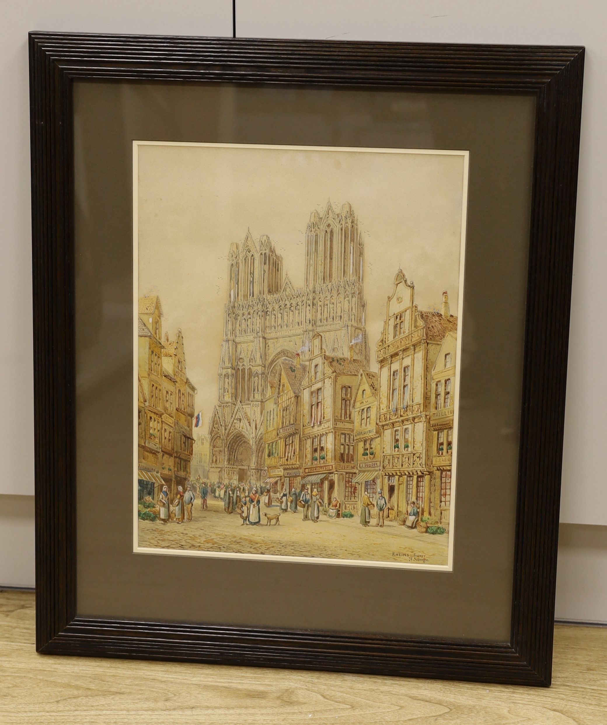 Henry Thomas Schafer (1854-1915), watercolour, Rheims Cathedral, signed, 45 x 34cm